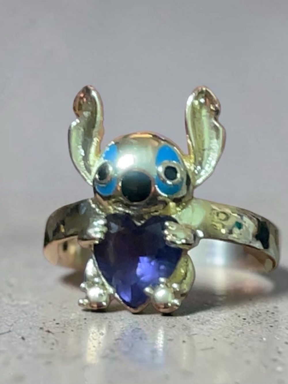 Disney Gold-Tone Stitch Ring with Purple Heart and Blue Accents